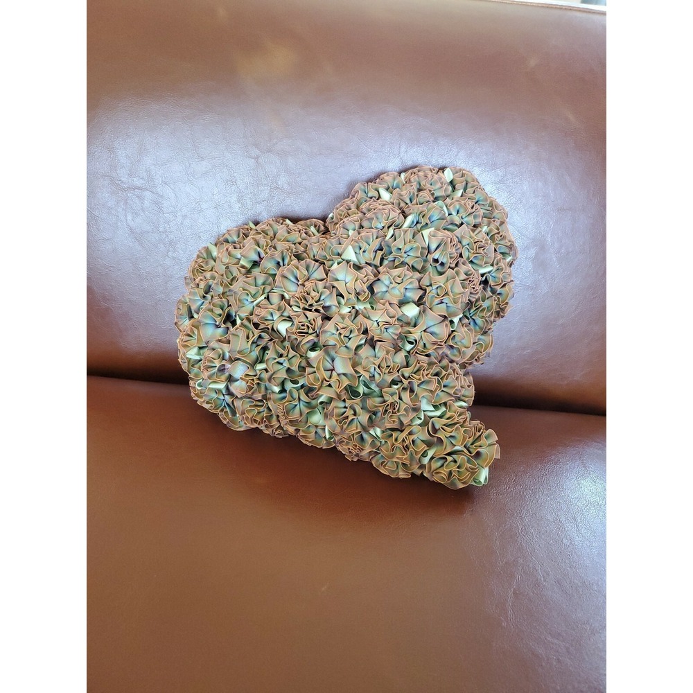 Tufted Floral Heart Throw Pillow Satin Ribbon Green Rust Brown Striped 12"
